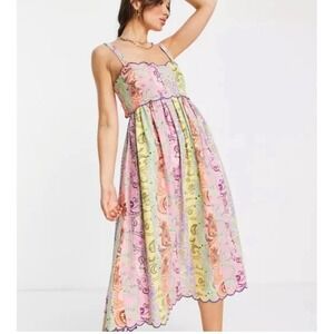 ASOS DESIGN scallop edge cut out back midi sundress mixed paisley floral size 2
